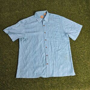 Jos A Bank Shirt Mens Large Blueish Green 100% Silk‎ Hawaiian Short Sleeve